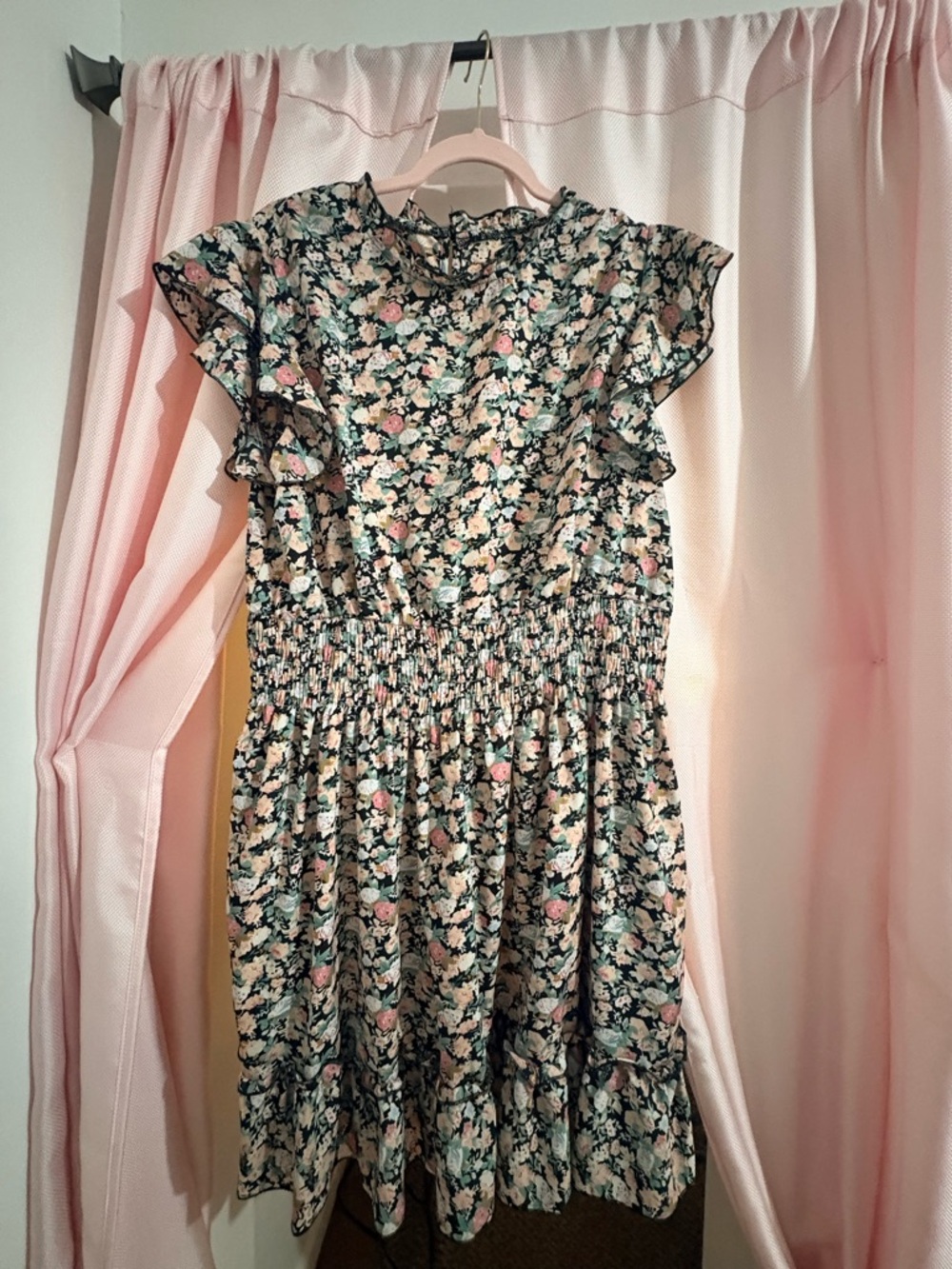 SHEIN Navy Floral Smocked Waist Dress with Pink and Cream Flowers